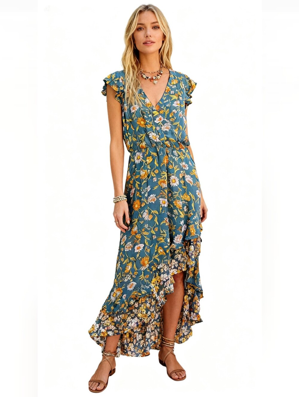 Sundance Floral Ruffle Wrap Maxi Dress In Teal & Yellow Size M